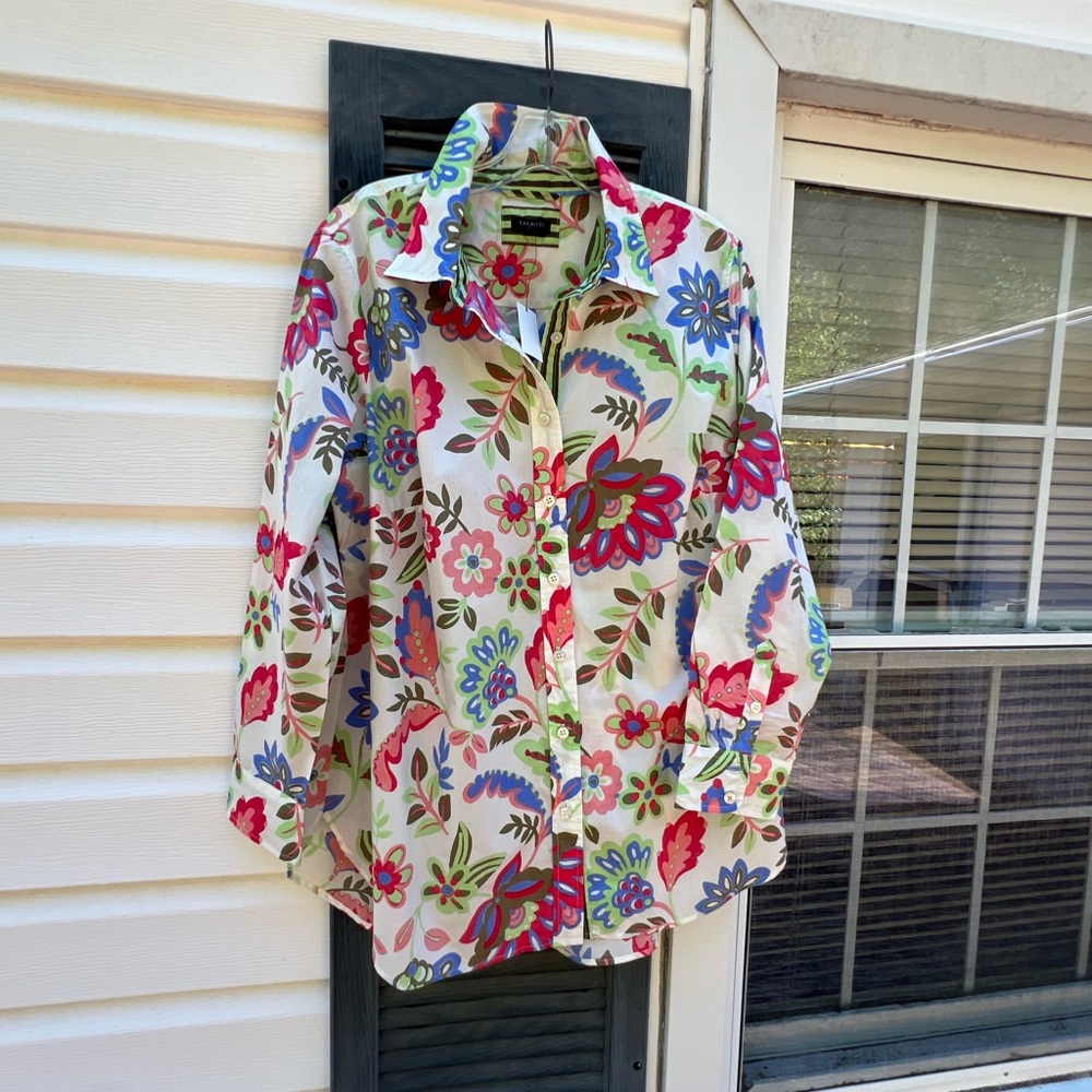 NWT Talbots Pretty Multicolored Floral Long Sleeve Cotton Blouse